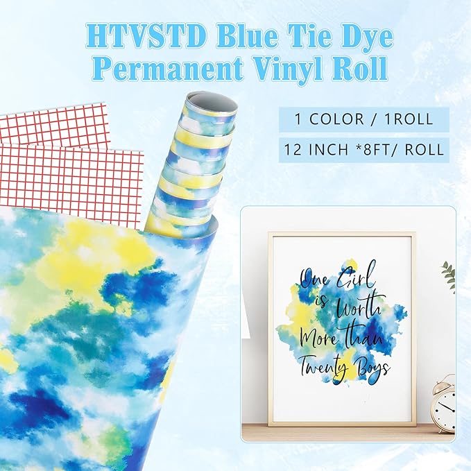 Blue Tie Dye Permanent Vinyl Roll, 12"x8ft, Clouds Pattern, for Mugs Decors, Cricut/Silhoutte Cameo Compatible