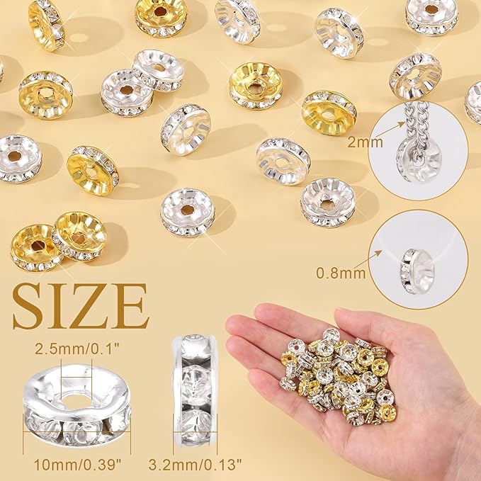 100 pcs 10mm Spacer Beads for Crafting, Silver Rondelle Beads Bulk, Fancy Sparkle Crystal Rhinestone Spacer Loose Beads for Necklace Bracelet Earring Jewelry Making and Pens DIY Decoration