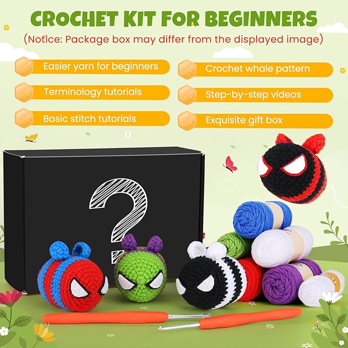 Crochetta Crochet Kit for Beginners, Crochet Starter Kit w Step-by-Step Video Tutorials, Beginner Crochet Kit for Adults Kids Women Men Complete Kit Included (4 Cool Bees)