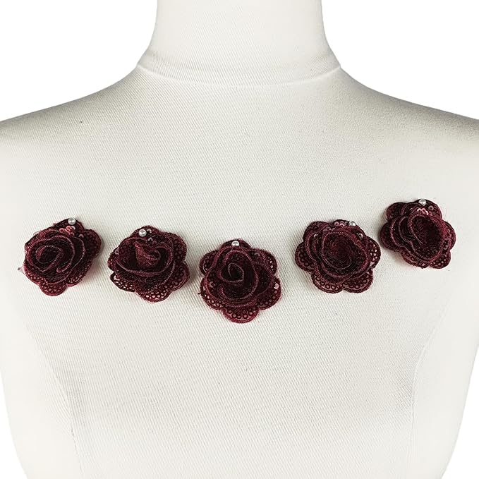 5 PC Rose Flower Sequins Lace Embroidery Patch Applique Trim Wedding Dress DIY Sewing Craft Clothes Applique, 1.6 Inch, Burgundy