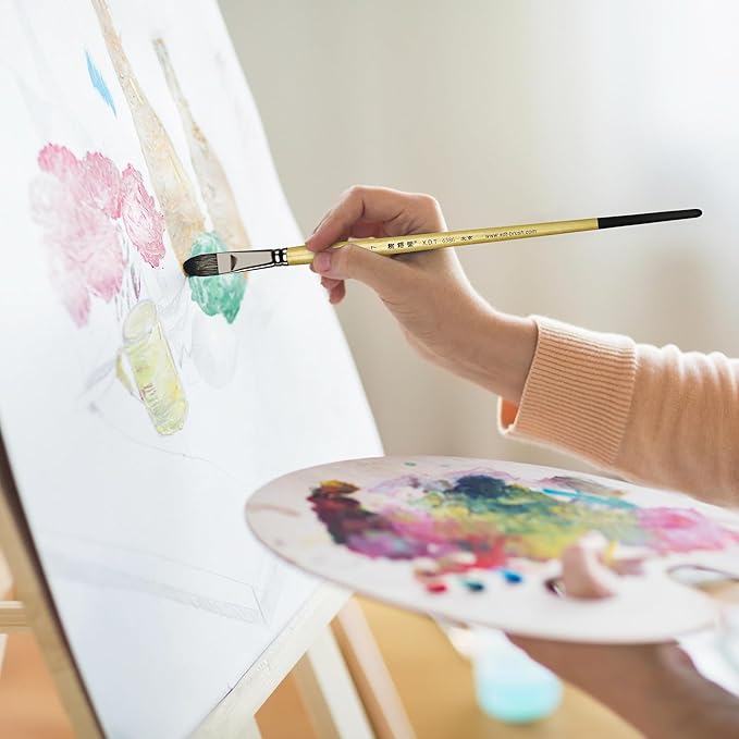 XDT#6386 Filbert Artist Paint Brush 6 Piece Set Medium Stiff Black Hog Bristle Extra Long Handle #2#4#6#8#10#12, Acrylic Oil Watercolor