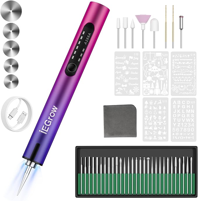 Electric Engraving Pen with Light, Mini DIY Electric Etching Machines with 44 Bits,USB Rechargeable Cordless Rotary Tool,Engraving Pen for Metal, Wood, Glass and Plastic（Gradient Purple）