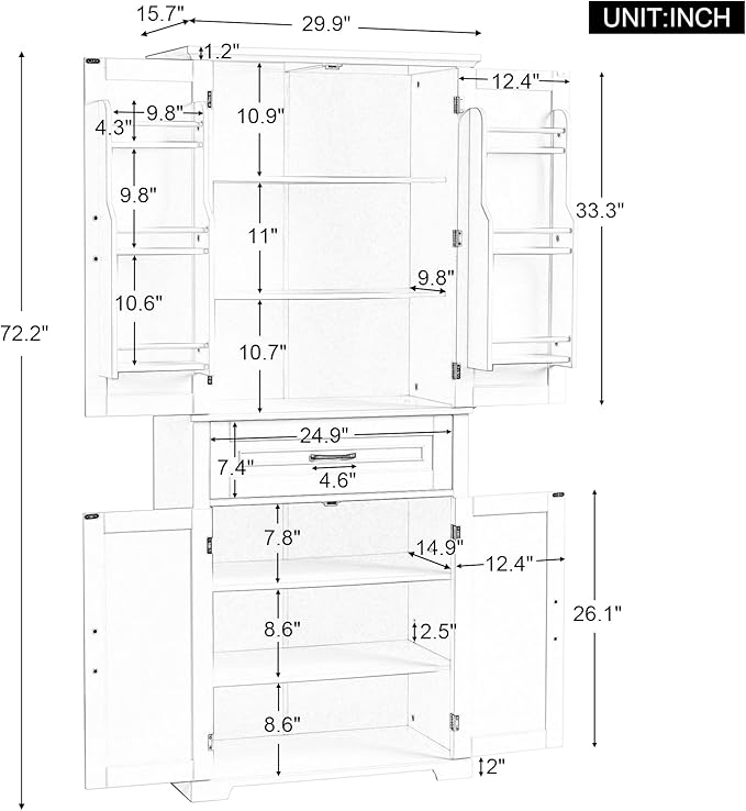 72.2" Storage Cabinet with Doors and Drawers, Tall and Wide Kicthen Pantry Cupboard Home Display Organizer with Door Shelf Rack for Bathroom, Adjustable Shelf, White