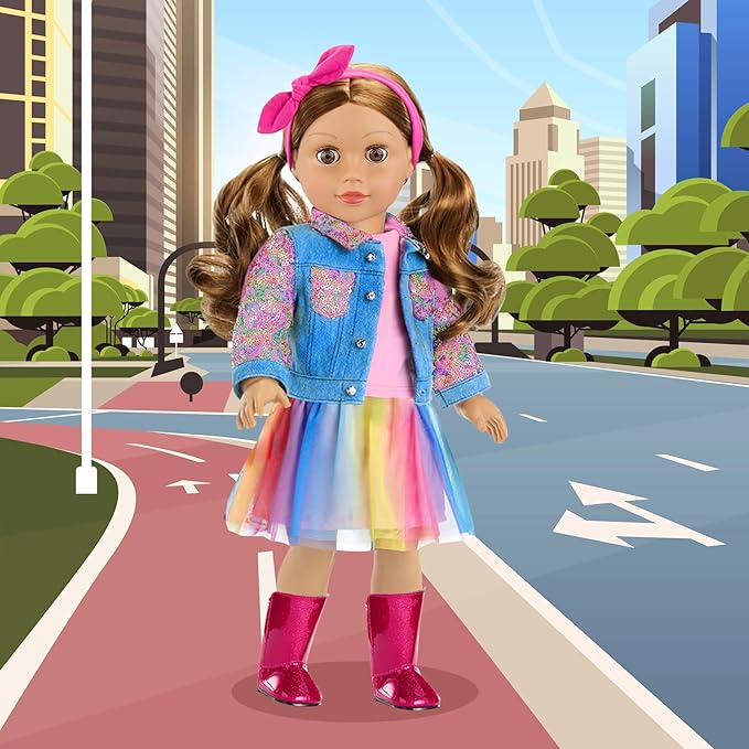 UNICORN ELEMENT 15 Pcs American 18 Inch Doll Makeup Accessories Set and Doll Clothes Includes Skirt, Backpack Carrier for 18 Inch Doll Makeup Doll Accessories for Girl (No Doll)