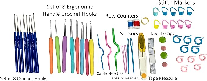 Designer Stitch Happy Crocheting Kit: 52 Piece Crochet Kit for Beginners & 7 Pocket Yarn Bag, Signature Yarn Storage - Black