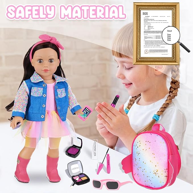 UNICORN ELEMENT 15 Pcs American 18 Inch Doll Makeup Accessories Set and Doll Clothes Includes Skirt, Backpack Carrier for 18 Inch Doll Makeup Doll Accessories for Girl (No Doll)