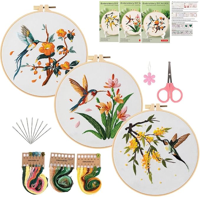 Konrisa 3 Pcs Hummingbird Flowers Embroidery Kits for Beginner, Cross Stitch Kit, DIY Sewing Practice Needlepoint Kits for Adults,Set of 3