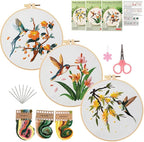 Konrisa 3 Pcs Hummingbird Flowers Embroidery Kits for Beginner, Cross Stitch Kit, DIY Sewing Practice Needlepoint Kits for Adults,Set of 3