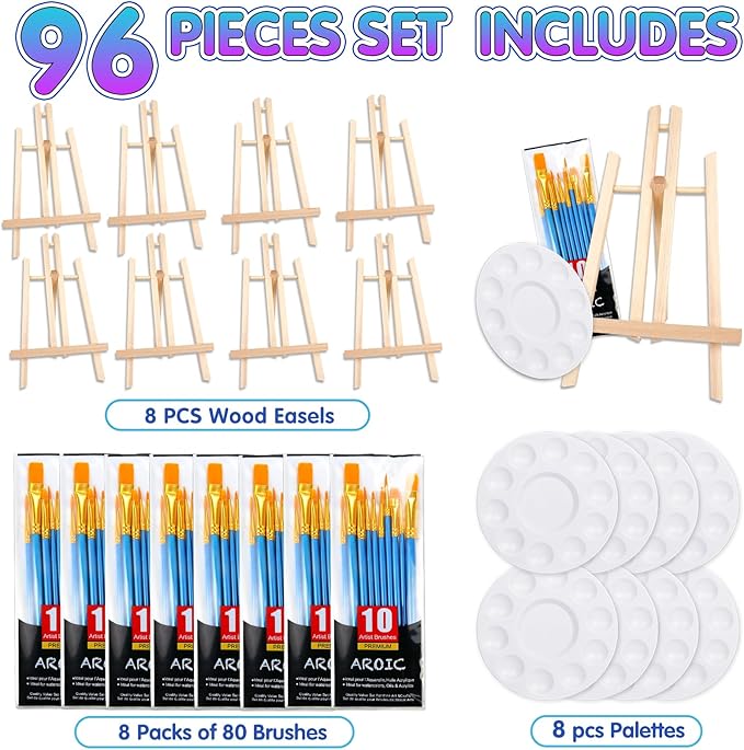 AROIC 96 PCS Painting Supplies Set with Easels, 8 PCS Wood Easels, 8 Packs of 80 Brushes with Nylon Brush Head and 8 PCS Palettes, Tabletop Wooden Art Easel for Kids & Adults Sip and Paint Party