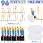 AROIC 96 PCS Painting Supplies Set with Easels, 8 PCS Wood Easels, 8 Packs of 80 Brushes with Nylon Brush Head and 8 PCS Palettes, Tabletop Wooden Art Easel for Kids & Adults Sip and Paint Party