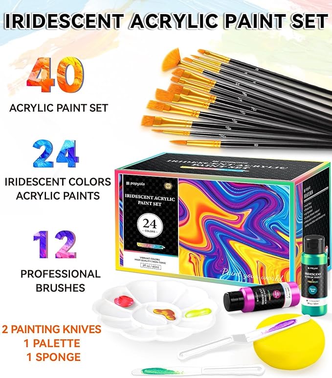 40 PCS Iridescent Acrylic Paint Set with 12 Brushes, 2 Knives & Palette, 24 Colors (2oz/60ml) Art Craft Paint for Adults Kids Artists Beginners, Halloween Pumpkin Canvas Ceramic Rock Painting Kit