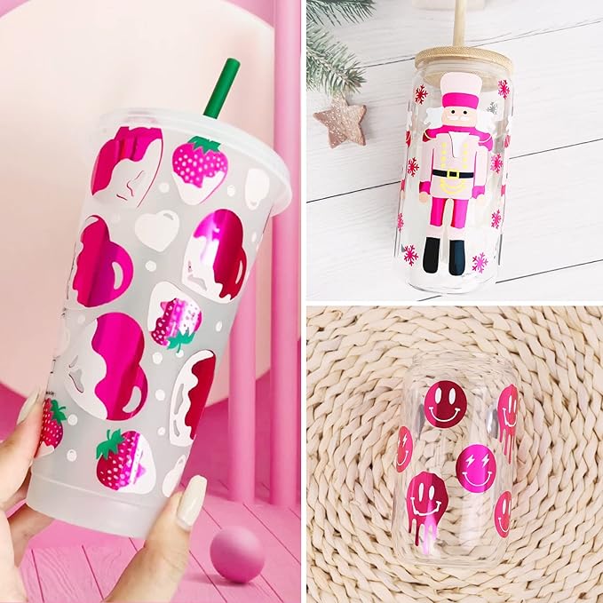 TECKWRAP Chrome Royal Pink Red Metallic Permanent Vinyl Holographic Red Vinyl for Cricut 1ftx5ft