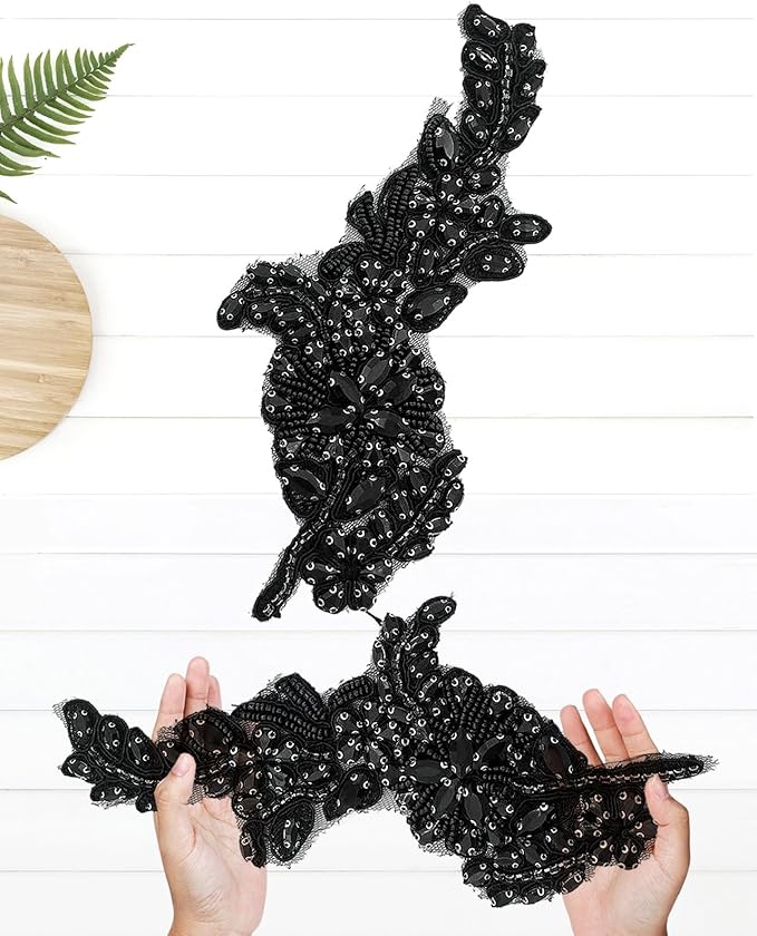 1 Pair Handmade Flower Rhinestone Applique for Clothes, Crystal Fabric Patches for Wedding Dress, Bling Beaded Embroidery Lace Applique for Hat Hairband Sewing Embellishment (Black)