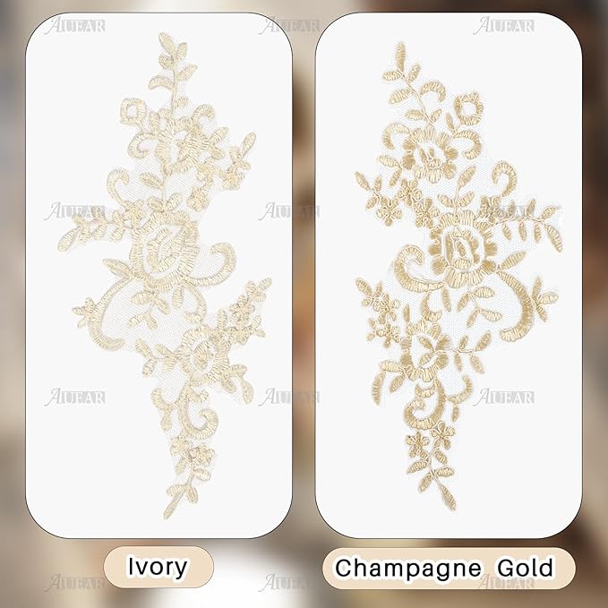 AUEAR, 2 Pack Flower Lace Applique Patches for Wedding Dress DIY Clothing Collar Material (Ivory Color)