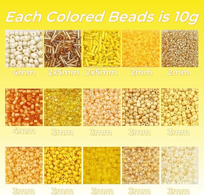 15 Color 4mm Small Assorted Glass Seed Beads,3mm Bugle Beads Friendship Bracelet Kit,2mm Tiny Tube Bead for Jewelry Making(Yellow)