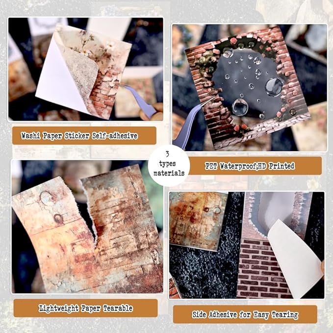6 Small Scrapbook Sticker Books for Scrapbooking, 180 Sheets Retro Brick Wall Collage Materials- Paper PET Washi Stickers for Journaling, Junk Journal Supplies, Collage, Crafts