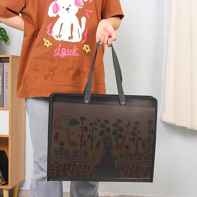 Shulaner Plastic Art Portfolio Folder with Zipper and Handle 17 x 14 inches Large Waterproof Bag Artwork Storage Container for Drawing Sketch Photography Poster Files Document, Black and White