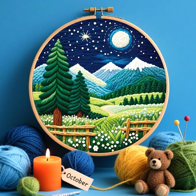 BEUNITONE 3PCS Mountain and River Punch Needle Kit for Adults Beginners, Complete Craft Kit Needlepoint Kits for Adults with Hoop, Punch Needle Starter Craft Set for Cloth Festival Gift and Home Decor