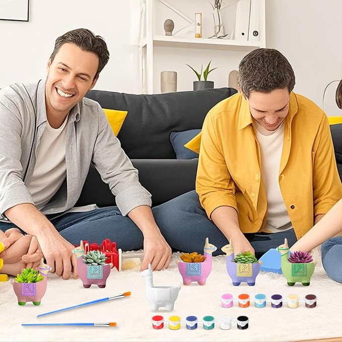Pasimy 6 Set DIY Ceramic Succulent Planter Pots Paint Your Own Flower Pots Craft Kit Unpainted Bisque Paintable Flowerpot with Brush Palette Ready to Paint for Family Activity Gift(Alpaca)