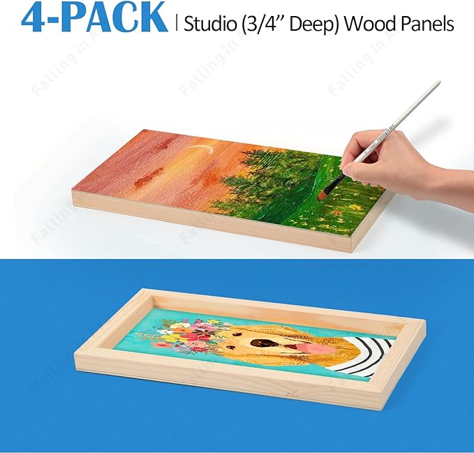 Falling in Art Unfinished Birch Wood Panels Kit for Painting, Wooden Canvas 4 Pack of 6x12’’ Studio 3/4’’ Deep, Cradle Boards for Pouring, Art, Crafts, Burning and More