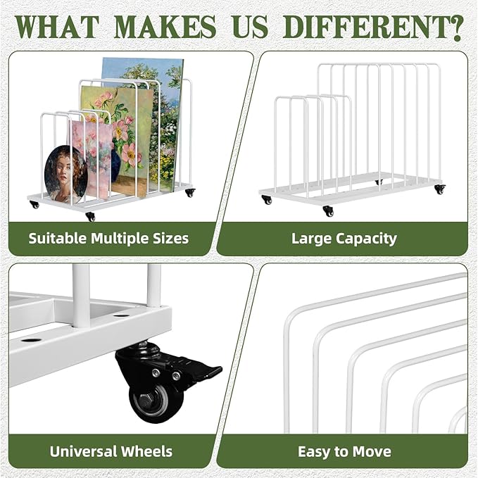 Art Canvas Storage Rack, Art Storage with Wheels, Adjustable Art Storage Easel Display Stands for Canvas Boards, Panel, Crafts Drying & Print Racks,Frame,White
