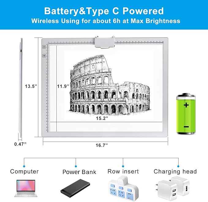A3 Rechargeable Light Pad, TOHETO 2500mAh Battery Powered Light Board with Stand Top Magnetic Clip 3 Colors Stepless Dimmable 6 Levels Brightness Light Box for Diamond Painting Weeding Vinyl (White)