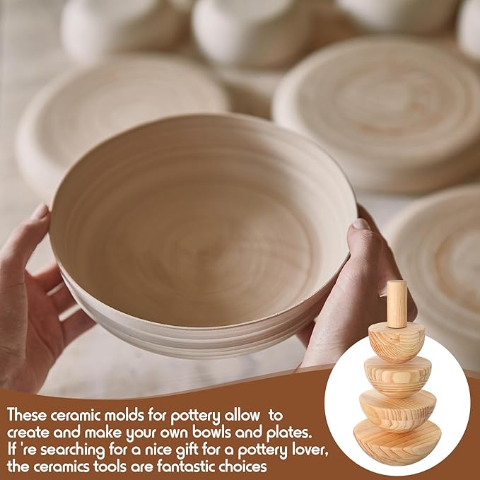 DoubleFill 4 Pack Pottery Molds Plaster Molds Wood Pottery Tools with Handle for Ceramic Top Forms DIY Bowls Plate Dish Slump Press Art Making(Hemispherical,4.5'' 5.5'' 6.5'' 7.5'' Thickness 3'')