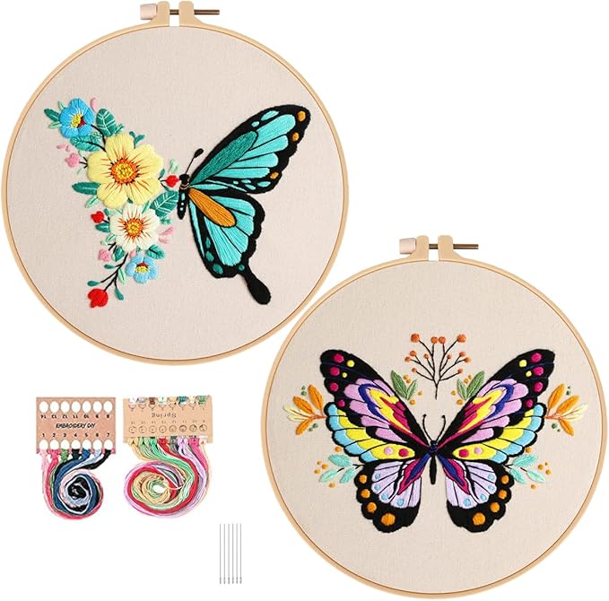 Konrisa Embroidery Kits with Butterfly Flower Pattern, Stamped Embroidery Starter Kit for Beginners Adults Needlepoint Kits Include Embroidery Fabric Embroidery Hoop Threads and Needles,Set of 2