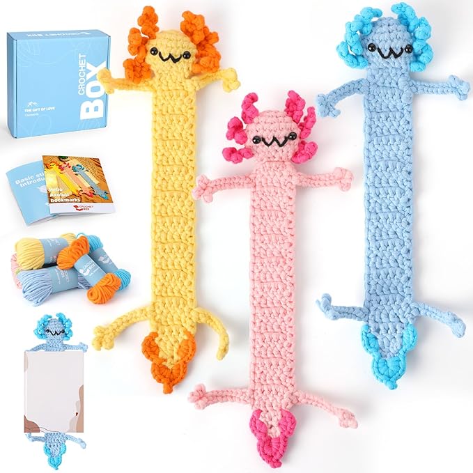 CrochetBox Crochet Kit for Beginner, Axolotls Bookmarks Easy Learn How to Crochet Stuffed Animals Gift for Adults and Teen(), Knitting Set with Yarn Hook Stitch-by-Stitch Video Tutorial(30%+ Yarn)