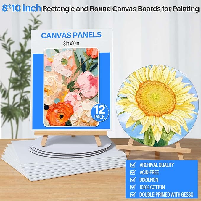 12 Pack 8x10” Canvas Boards and Round Canvas for Painting, Couple Painting Kit with Wood Easel, Acrylic Paint, Paint Brushes Set for Kids Teenagers Adults Date Night Sip and Paint Party