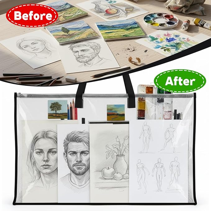 3 Pcs Art Portfolio Case, 23 x 35.4 Inch Transparent Poster Storage Bags with Zipper and Handle Large Portfolio Folder for Artwork, Painting, Poster, Test Paper for School, Home