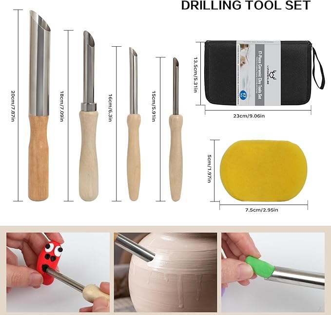 17Pcs Clay Sculpting Tools, Basic Clay Tools Kit, Polymer Clay Tools with Wooden Handles & Tool Bag, Practical Air Dry Clay Tools for Dotting, Carving, Molding, Pottery Kit for Adults Kids