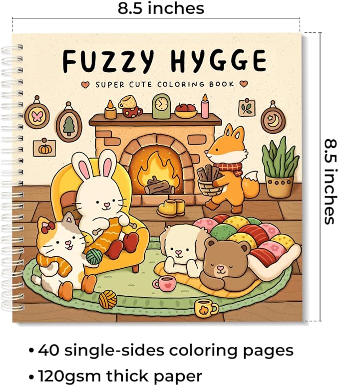 Fuzzy Hygge Coloring Book with 2 Sets of Miniature Sticker Scenes for Adults & Teens (Fuzzy Hygge)