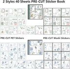 40 Sheets Sticker Book for Adults Journaling, Washi and PET Materials, Ephemera Aesthetic Stickers for Junk Journals, Bujo, Planners