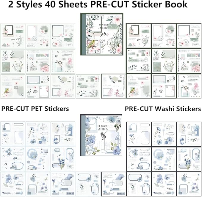 40 Sheets Sticker Book for Adults Journaling, Washi and PET Materials, Ephemera Aesthetic Stickers for Junk Journals, Bujo, Planners