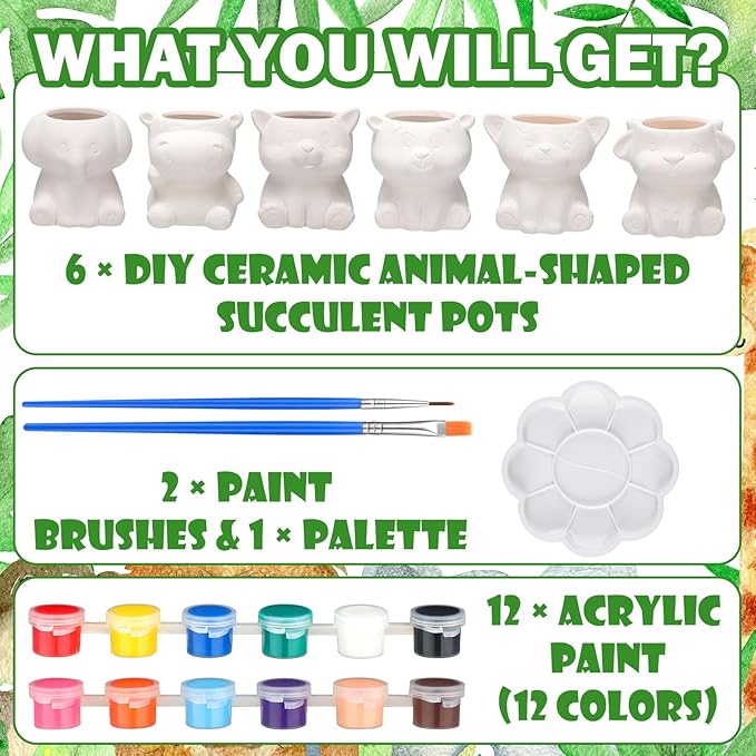 6 Sets Paint Your Own Ceramic Animal Succulent Planters Paintable Animal Ceramic Small DIY Figurines Unpainted Succulent Pots with Drainage Hole for Adults