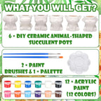 6 Sets Paint Your Own Ceramic Animal Succulent Planters Paintable Animal Ceramic Small DIY Figurines Unpainted Succulent Pots with Drainage Hole for Adults