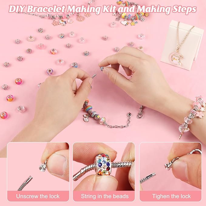 YJK Charm Bracelet Making Kit for Girls, for Aged 5 6 7 8 9 10 11 12 Year Old Girl Birthday Gift Ideas! Jewelry Making Kit for Girls 8-12, Bracelet Charms for Bracelet Making, Charm Necklace Kit
