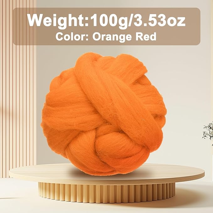 uxcell 3.53oz Wool Roving Yarn, Needle Felting Wool Fiber DIY Craft Needle Wet Felting Supplies for Blending Weaving Handcrafts, Orange Red