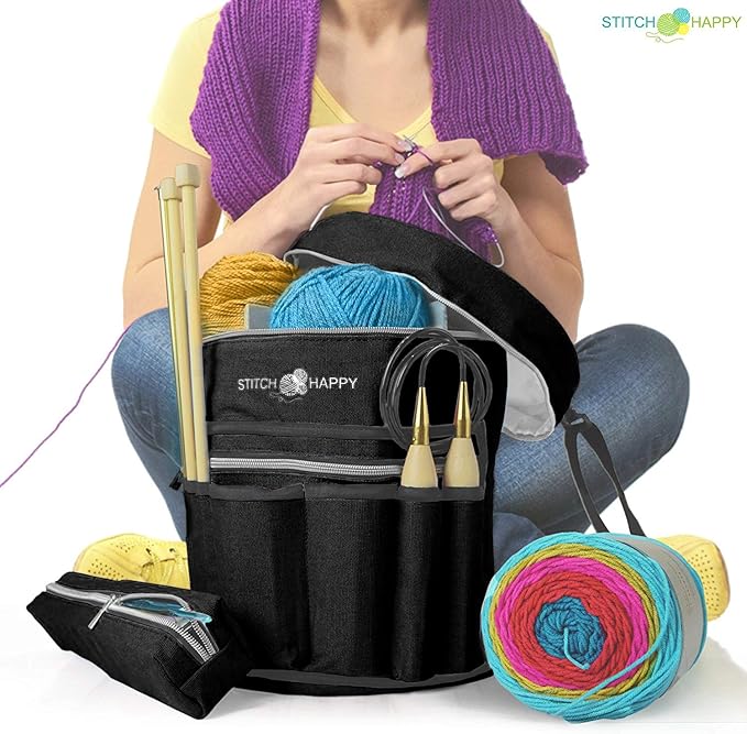 Designer Stitch Happy Crocheting Kit: 52 Piece Crochet Kit for Beginners & 7 Pocket Yarn Bag, Signature Yarn Storage - Black