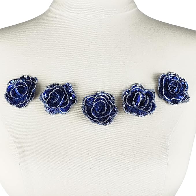 5 PC Rose Flower Sequins Lace Embroidery Patch Applique Trim Wedding Dress DIY Sewing Craft Clothes Applique, 1.6 Inch, Royal Blue
