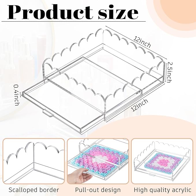1 Pcs Acrylic Scalloped Tray Large Clear Acrylic Tray with Drawer for Insert Customizable Photos, Art, and Fabric Scalloped Basket for Needlepoint Napkin Frame Display Messages (12" X 12")