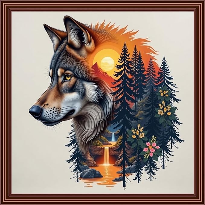 Dimensean Counted Cross Stitch Kit for Beginners, 11CT Unprinted Cross-Stitch Kit Easy Patterns Needlepoint Kit Cross Stitching Embroidery Kit Supplies-Abstract Wolf Landscape 18x18 inch