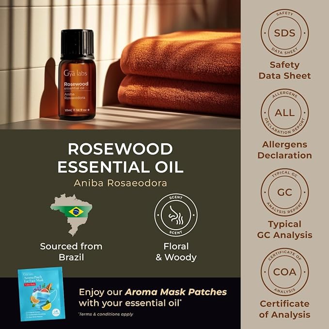 Gya Labs Rosewood Essential Oil - 0.34 Fl Oz - for Hair, Skin, Diffuser, Aromatherapy & DIY Candle Making Scent