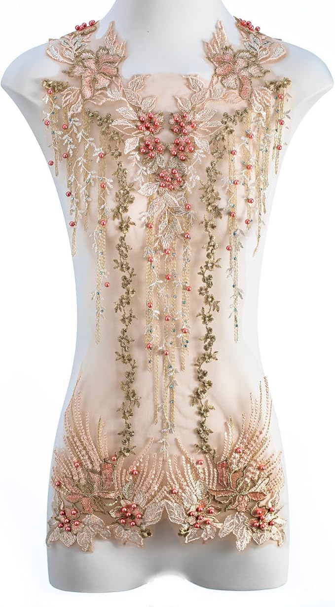 Beaded Pearl Flower Fabric Lace Applique, Floral Embroidered Patches Handmade Sewing Tool for DIY Neckline Bodice Wedding Bridal Prom Dress(Apricot-Large)