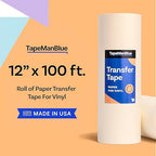 TapeManBlue 12" x 100' Roll of Paper Transfer Tape for Vinyl, Made in America, Premium-Grade Transfer Paper for Vinyl with Layflat Adhesive for Crafts, Decals, and Letters