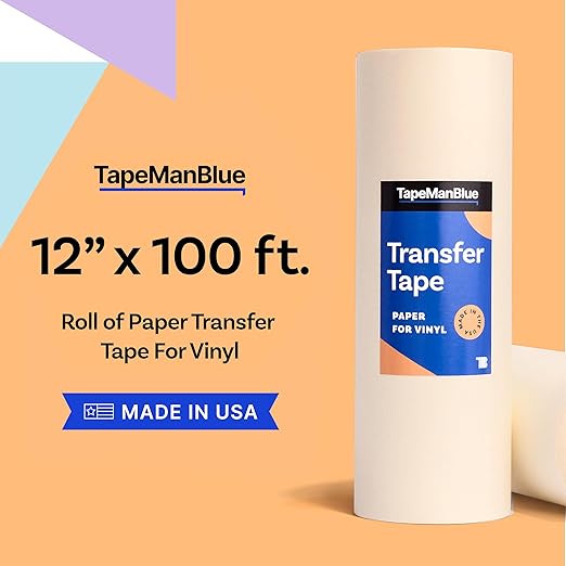 TapeManBlue 12" x 100' Roll of Paper Transfer Tape for Vinyl, Made in America, Premium-Grade Transfer Paper for Vinyl with Layflat Adhesive for Crafts, Decals, and Letters