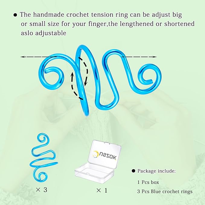 Juszok 3Pcs Handmade Crochet Tension Ring, Crochet Ring for Finger Crocheting，Yarn Tension Control Ring, Adjustable Companion Knitting Ring with Box Gifts for Crocheters Knitters Women (Blue)