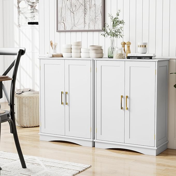 Tangkula Bathroom Floor Storage Cabinet, 31.5" H Freestanding Pantry Cabinet with 2 Doors and Adjustable Shelves, Kitchen Cupboard for Living Room, Dining Room, Bathroom (White, 31.5" H)