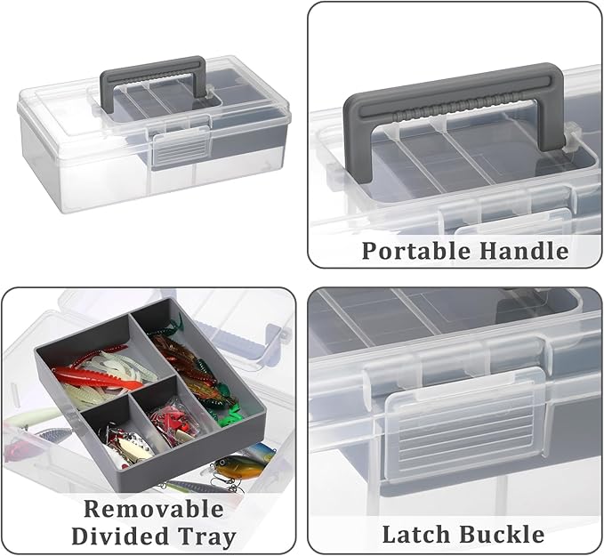 JUXYES 2 Pack Plastic Carry Storage Box with Removable Dividers, Clear Art Craft Supply Storage Bin Sewing Box with Handle Lid, 2 Layers Stationery Storage Case for School/Office Supplies Gray